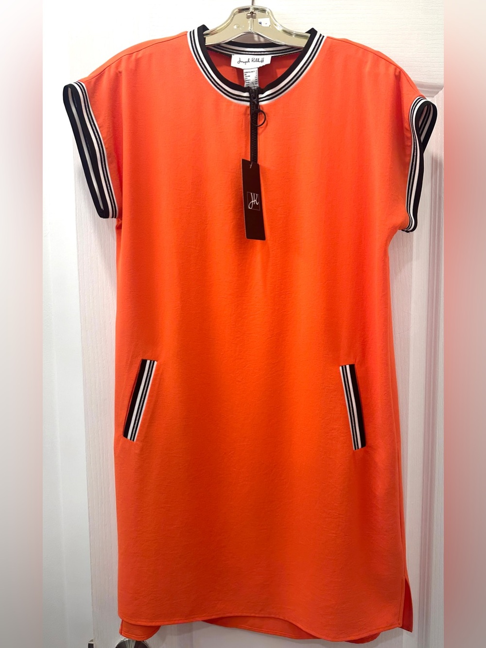 Joseph Ribkoff Vibrant Orange Short-Sleeve Shift Dress w/ Pockets + Striped Trim